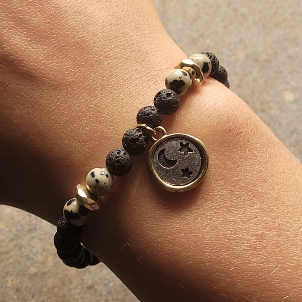 Howlite Moon & Stars Lava Bead Bracelet